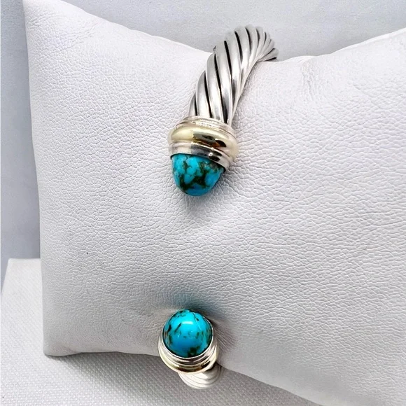 David Yurman Sterling Silver & 14K Gold Turquoise Cable Bracelet - Picture 9 of 14